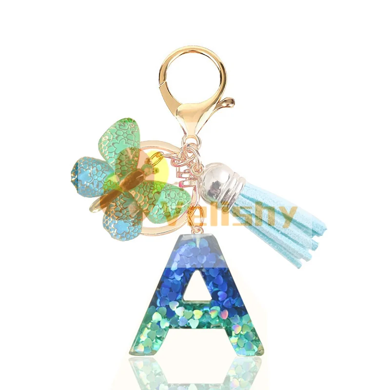 Fashion Blue Glazed Stone A To Z Letter Keychain 26 Initials Alphabet Butterfly Tassel Pendant Car Key Chain Women Jewelry GIfts