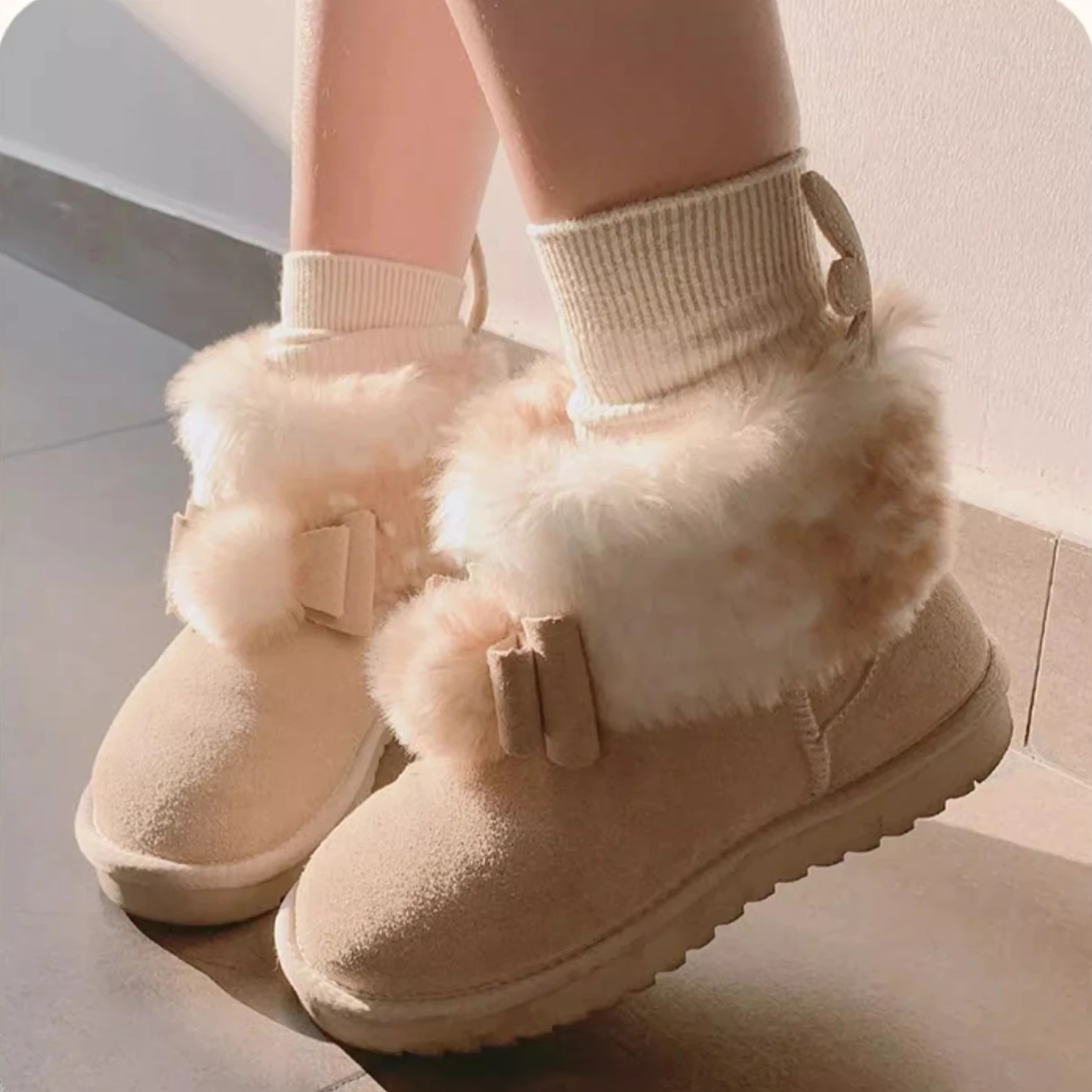 Little Elk Original Short Non-slip Snow Boots Women's Fleece Thickened Japanese Cute Lolita Shoes  Artificial Short Plush Shoes