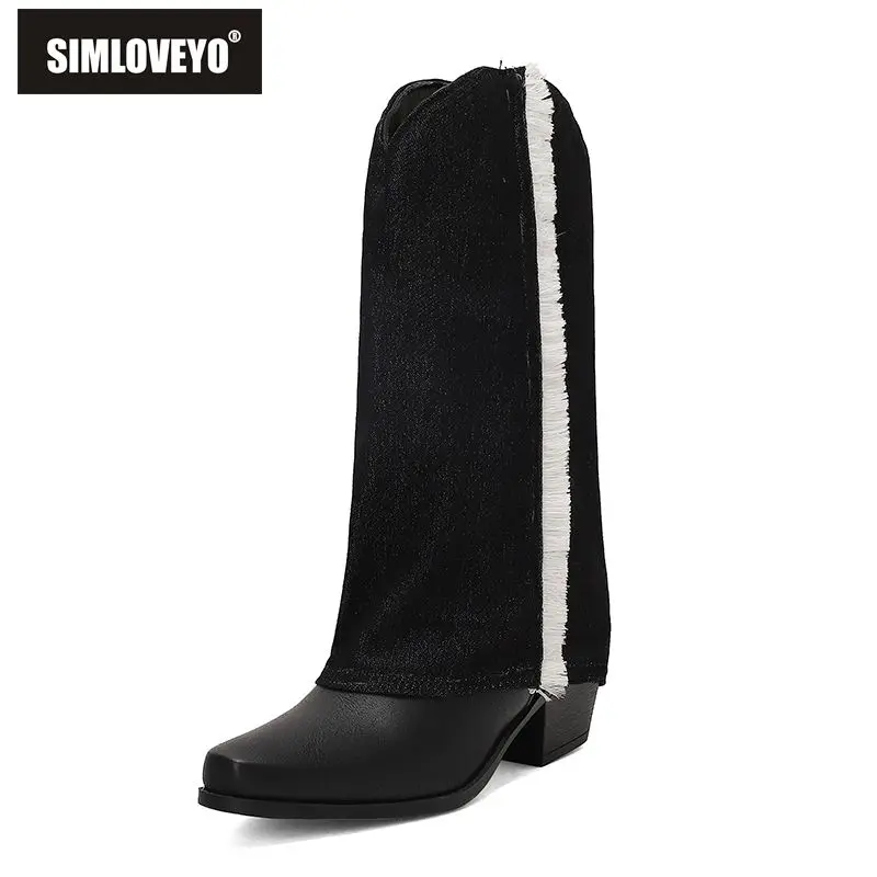 

SIMLOVEYO Новые белые ковбойские сапоги в стиле вестерн с квадратным носком, 6 см, блочные каблуки, слипоны, смешанные цвета, большой размер 44 45, женские до середины икры, осень