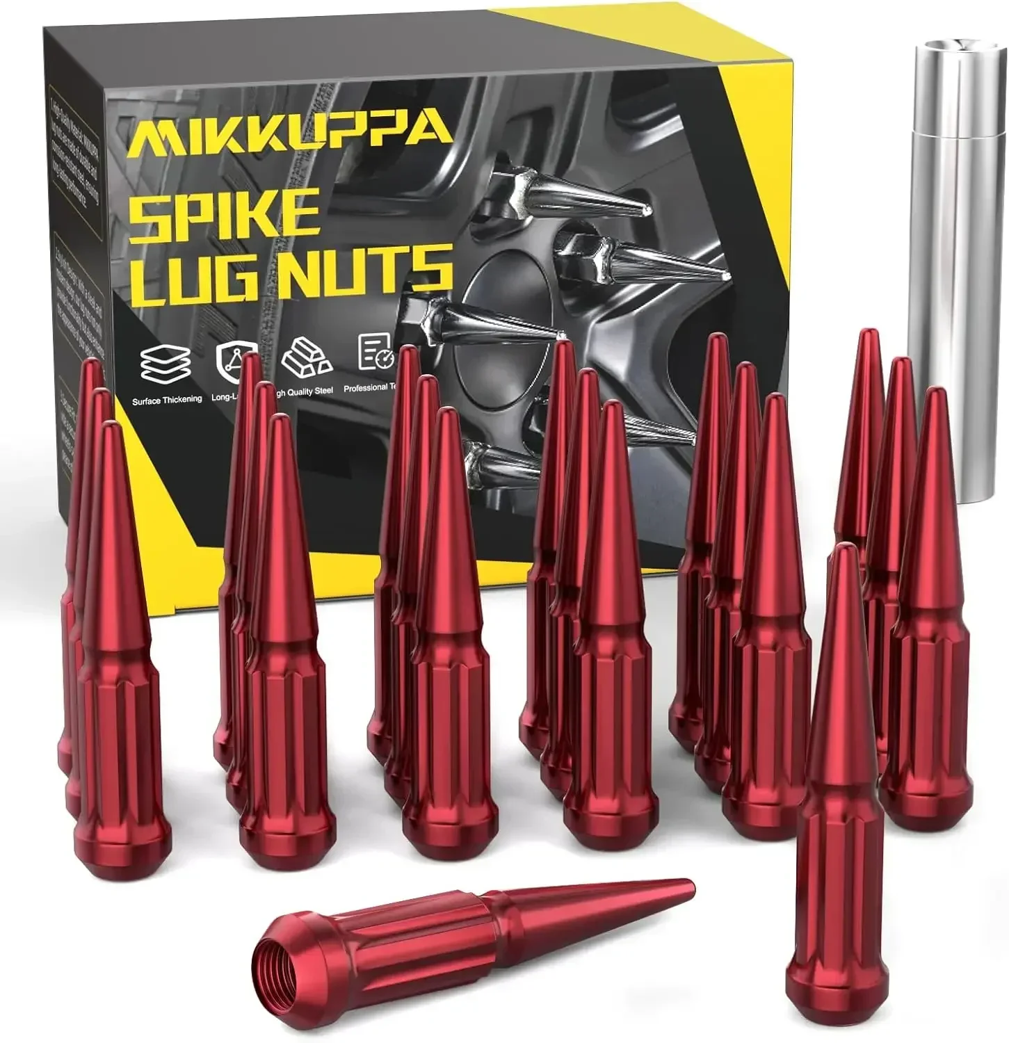 

MIKKUPPA 1/2-20 Wheel Spike Lug Nuts, 20pcs Red Spike Lug Nuts 1/2x20 Solid 4.4" Tall Acorn Lug Nut with 1 Socket Key