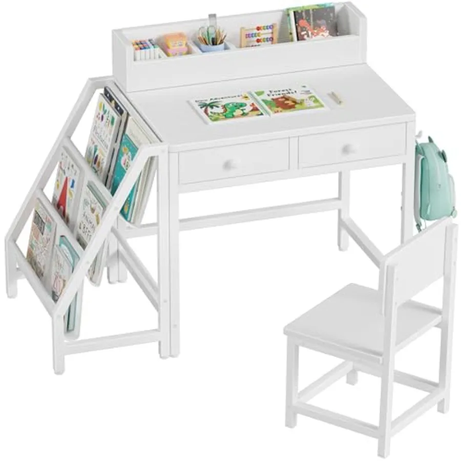 

White Desk and Chair Set for 5-8 Year Old Girls Boys Small Child Desk with Bookshelf Study Table with Fabric Drawer and Storage
