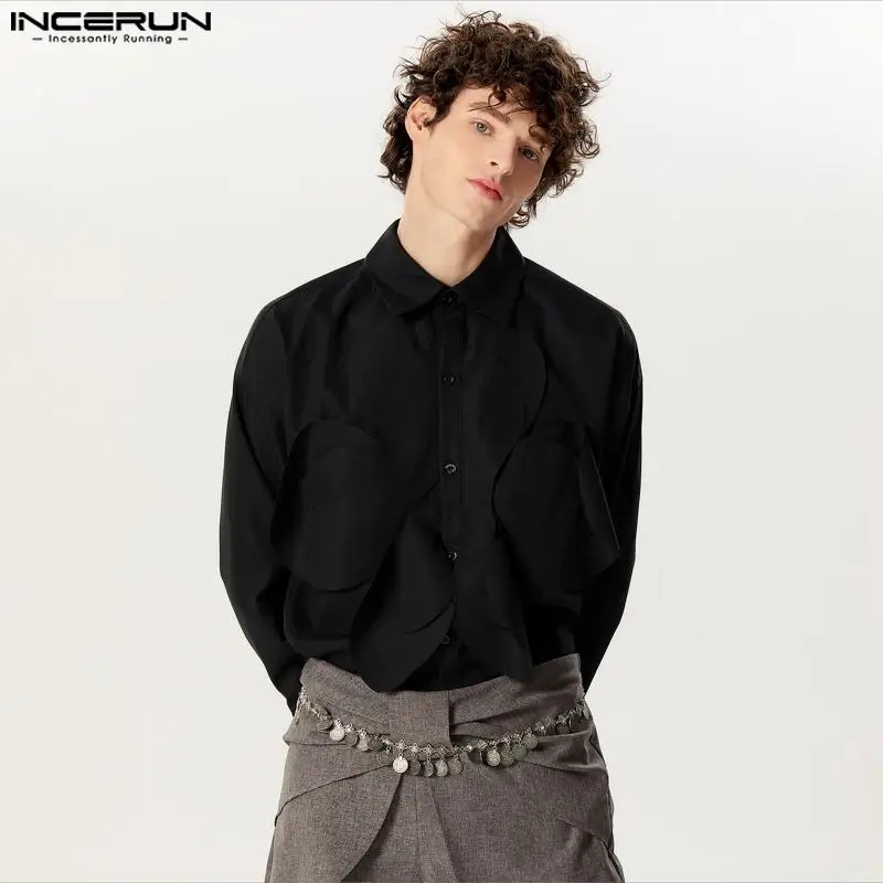 INCERUN Tops 2024 American Style New Mens Personality Layered Flower Design Shirts Handsome Male Solid Long Sleeved Blouse S-5XL