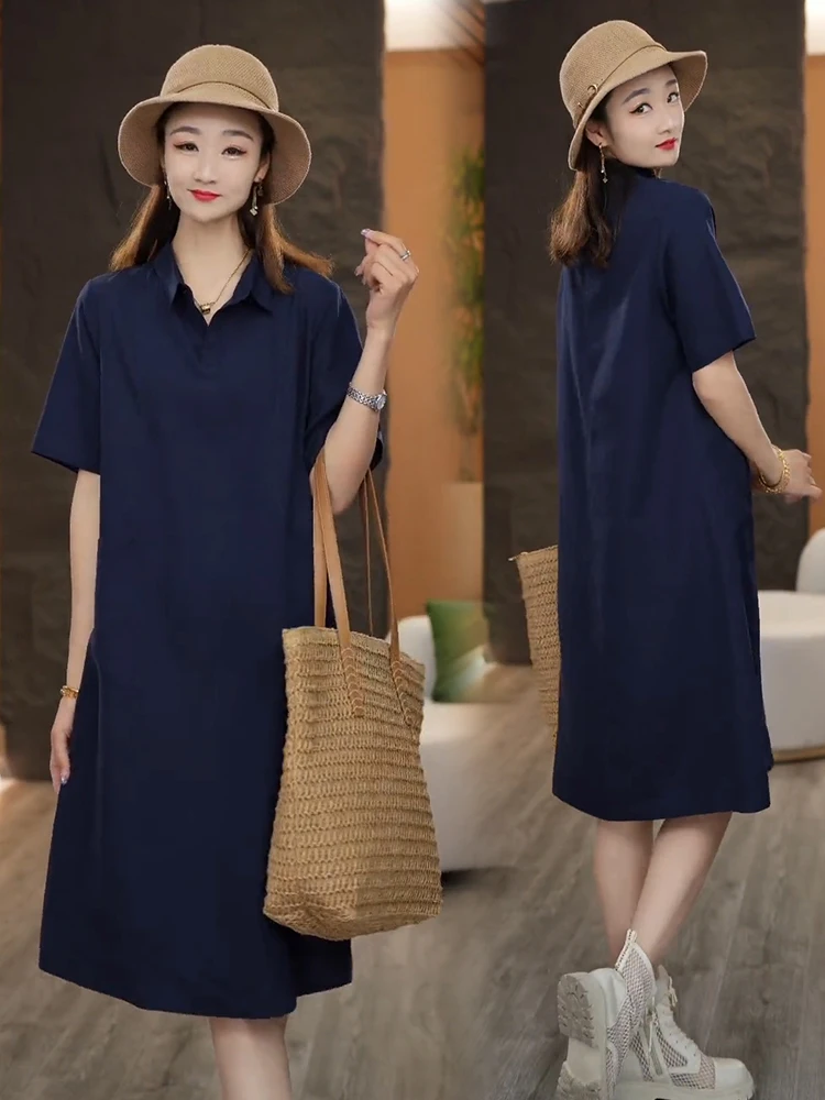 T-shirt décontracté à col de couleur Pure pour femmes, jupe ample couvrant le ventre, tendance coréenne Sle Midi Dr, nouvelle collection été