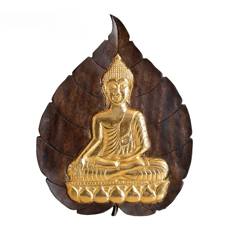 Thailand Teak Crafts Wall Decoration Living Room Solid Wood Carved Gold Foil Buddha Statue Wall Hanging