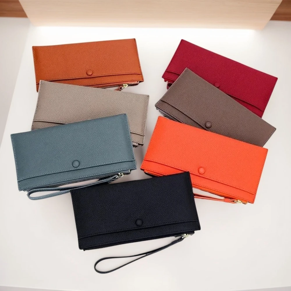 

Long Wallet For Women Large Genuine Leather Luxury Designer Card Holder Clutch Bag Zipper Wrist Strap Phone Slim Cowhide Purse