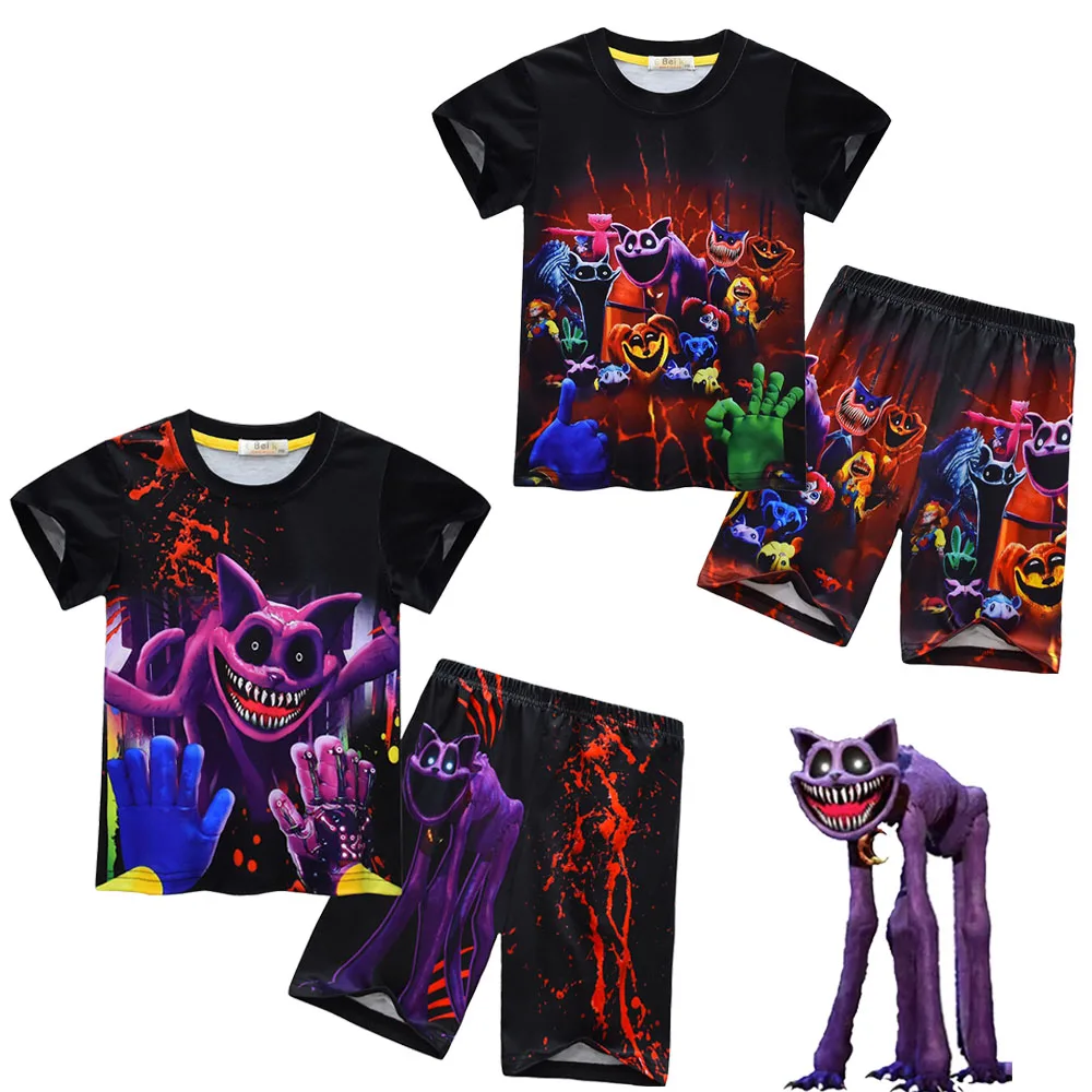 Costume de créatures souriantes pour enfants, t-shirt à manches courtes, short de dessin animé, pyjama violet Catnap, garçons et filles, enfants, Halloween Sportedly