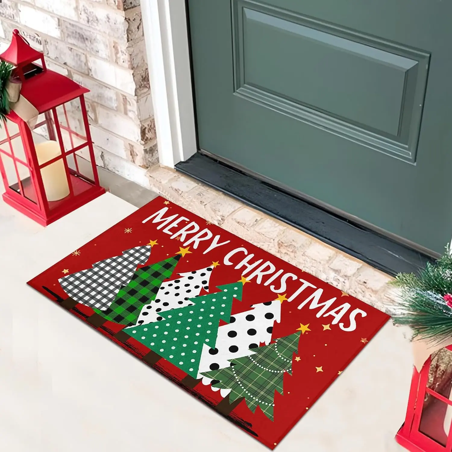 الجاموس منقوشة أشجار عيد الميلاد عيد ميلاد سعيد سجادة باب الأحمر ، الموسمية عيد الميلاد سجادة باب عدم الانزلاق قابل للغسل منخفضة المستوى داخلي في الهواء الطلق الشتاء