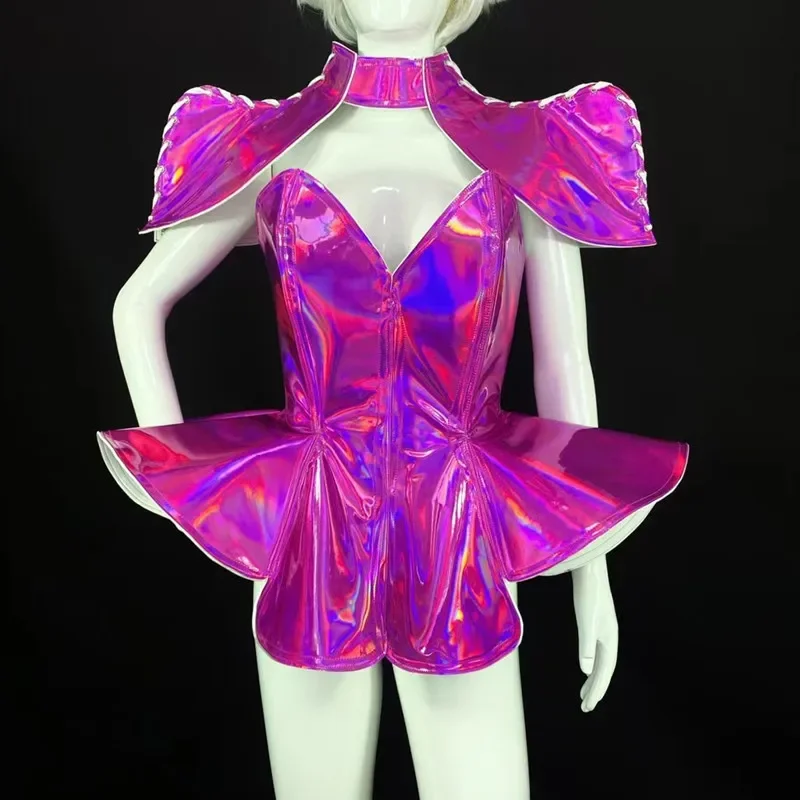 

Singer Stage Wear Clubwear Dancer Performance Costume New Rose Red Laser Glitter Sequins Mini Dress Sexy Nightclub Bar DJ Women