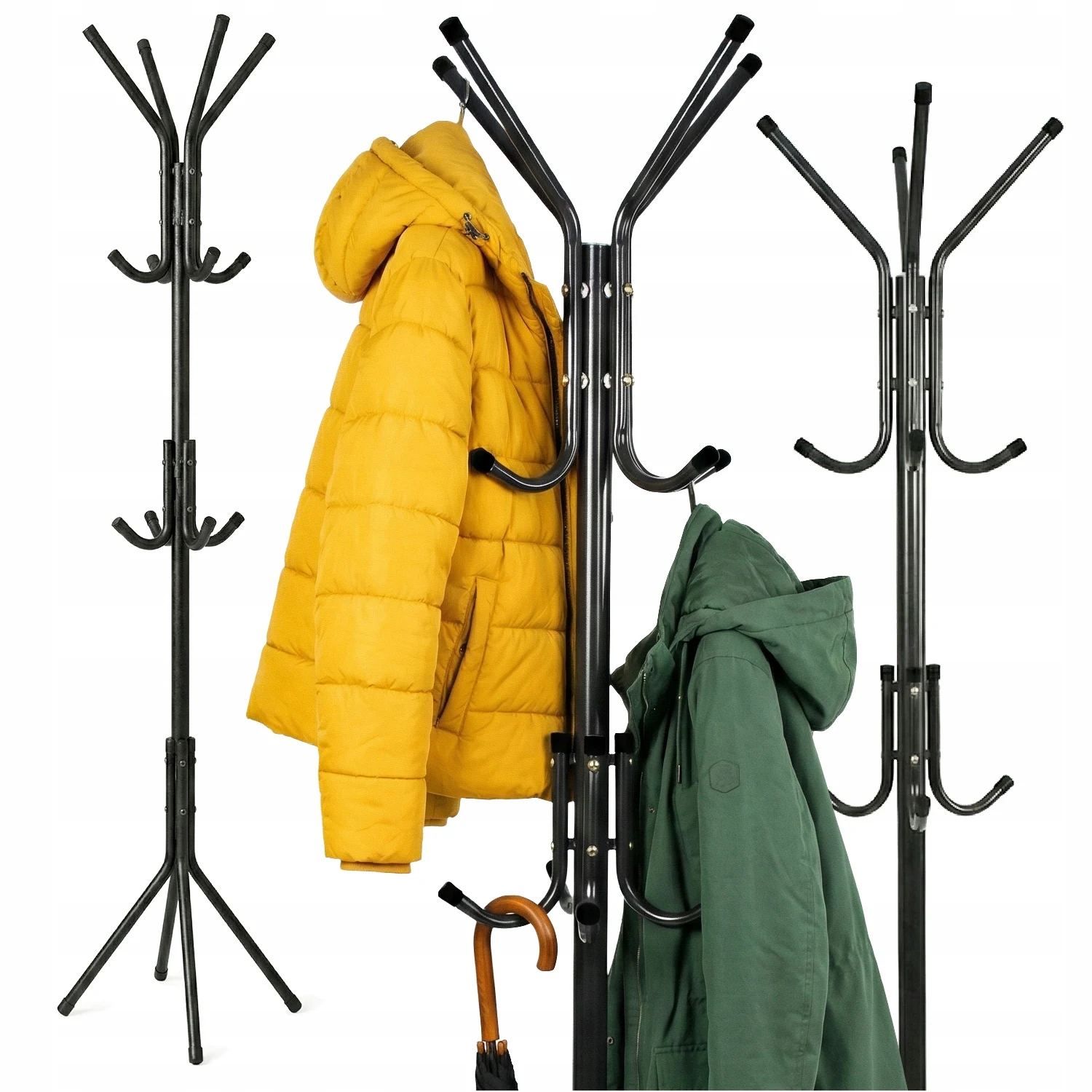Image of Stehender Kleiderständer aus Metall, Schwarz, 12 Haken, Stabiler Garderobenständer für Flur, Eingang, Schlafzimmer, Home-Office, Moderner Robuster Freistehender Kleiderständer für Mäntel, Jacken,
