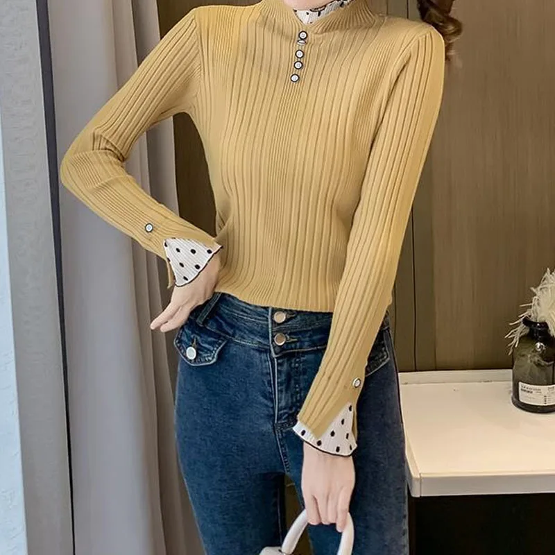 Fashion Elegant Polka Dot Spliced Solid Sweaters Autumn Winter Women\'s Clothing Slim All-match Half High Collar Knitted Tops