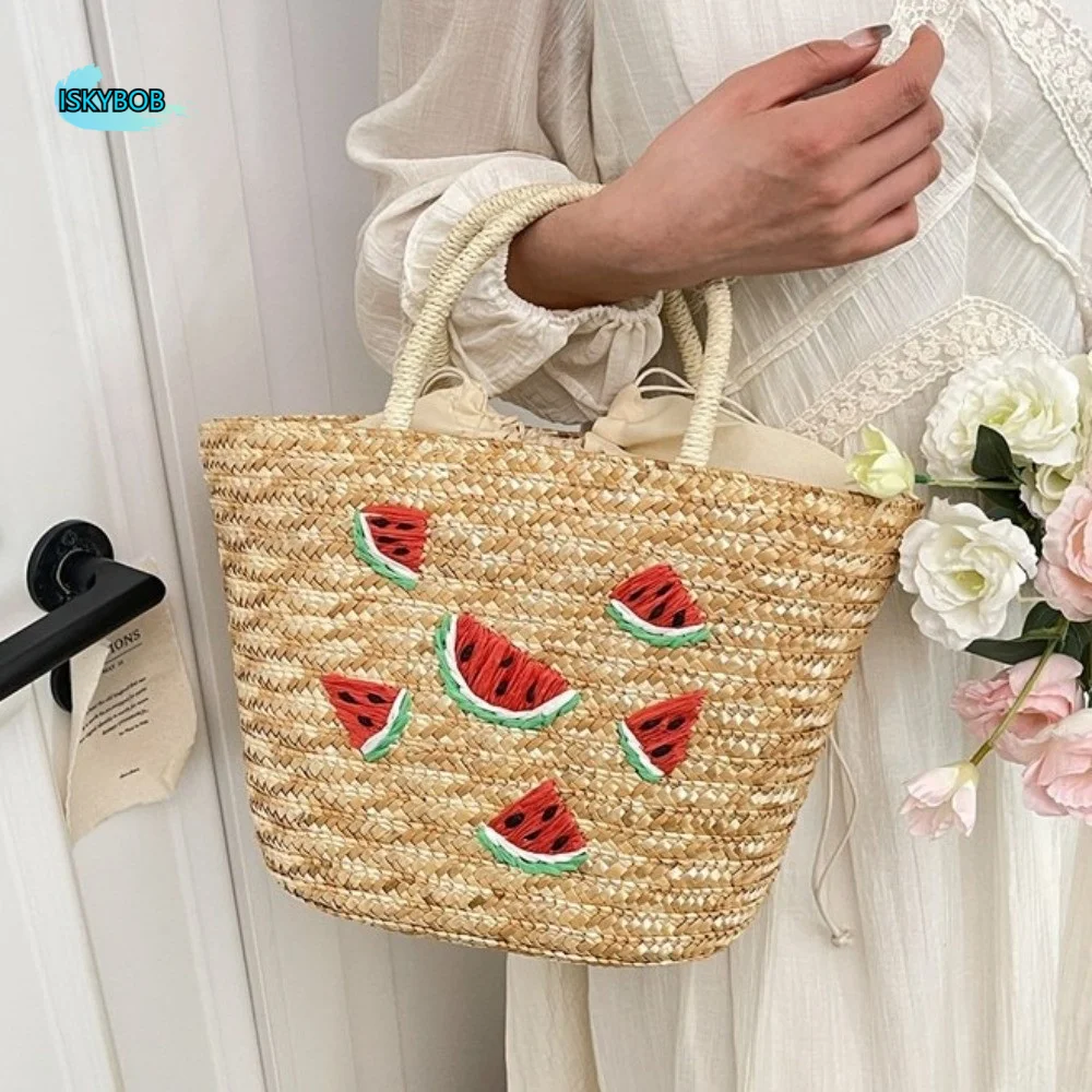 

Embroidery String Straw Tote Bags Coconut Tree Design Bohemian Style Woven Handbags Sweet Casual New Design