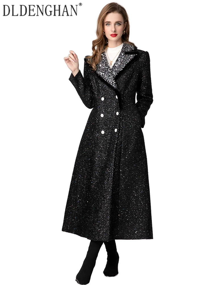 DLDENGHAN Chaqueta de tweed con doble botonadura de cristal para mujer, ropa de abrigo de calle de manga larga con cuello vuelto y lentejuelas de plumas