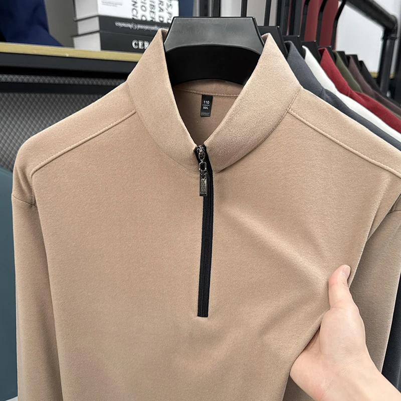 

Men's Autumn Hoodie with Half Height Zipper Base Top, Casual Stand Up Collar, Solid Color Long Sleeved T-shirt