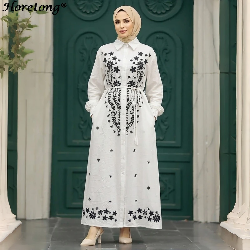 

Cotton Linen Heavy Embroidery Muslim Abaya 2026 New Turn-down Collar Drop Shoulder Belted Pockets Loose Casual Modest Maxi Dress