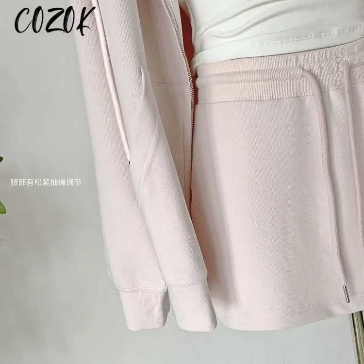 Spring and Autumn New Long Sleeve Solid Color Hoodie Coat Female Early Autumn New Fashion Casual Pink Sweatshirt + Short Skirt