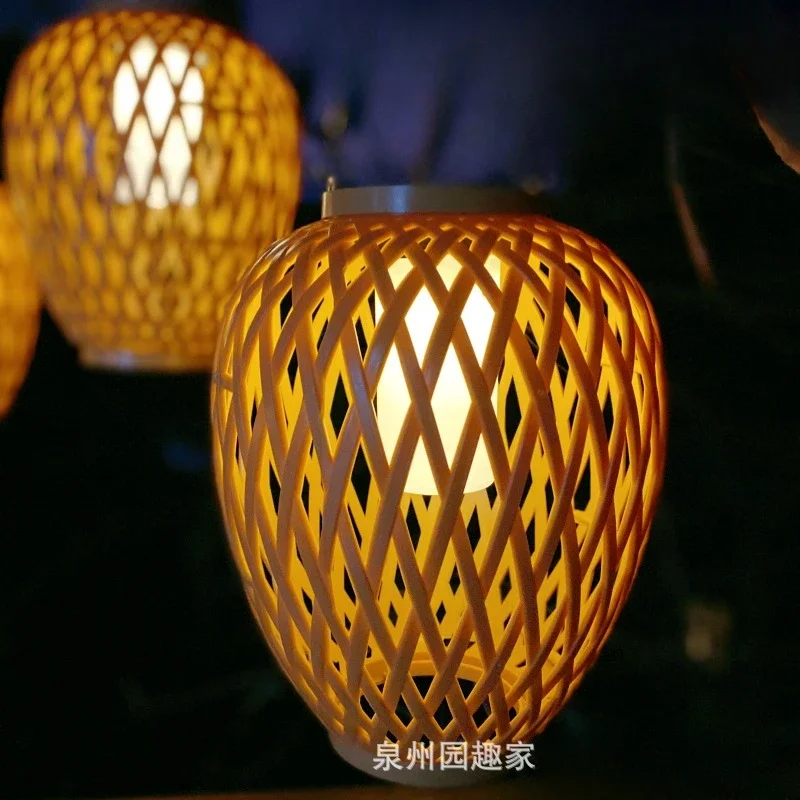 Lmitation Rattan Lantern Courtyard Outdoor Solar Balcony Garden Decoration Candle Lights Creative Atmosphere Bamboo Chandelier