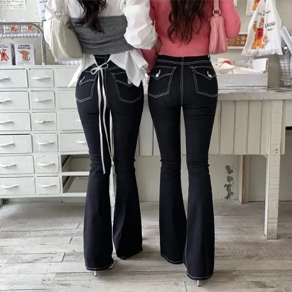 Sexy Slim Fit Bell Bottom Jeans Women's Jeans Dongda Gate Style Cotton Stretch Denim Low Waist Black Color Four Seasons Unive...