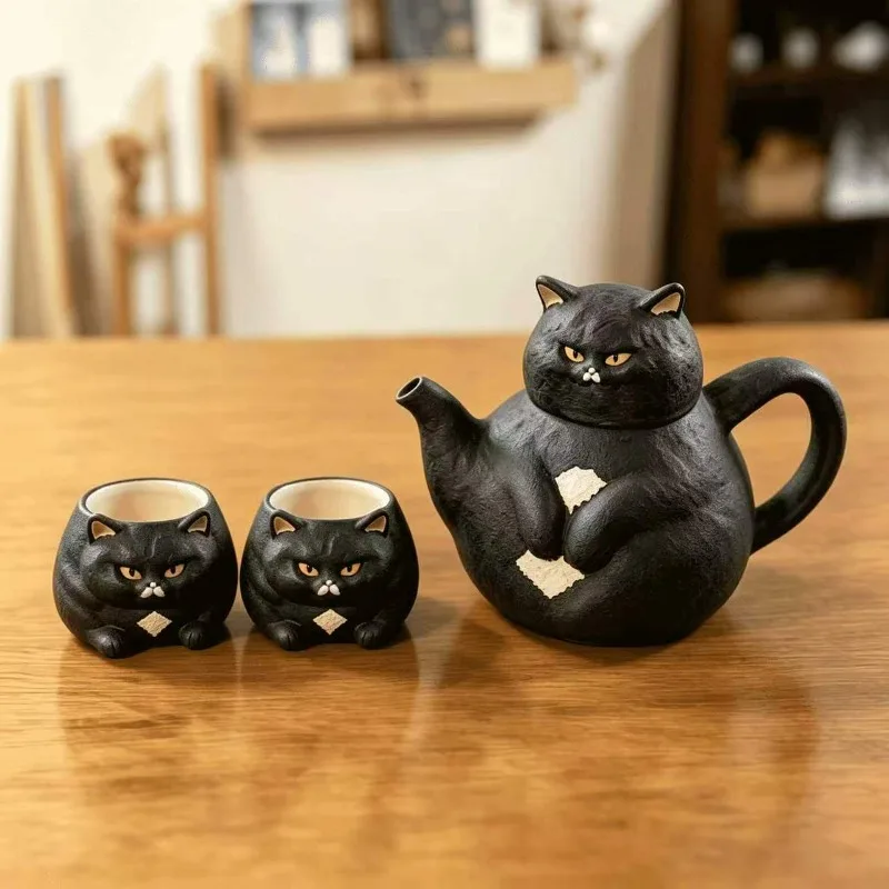 DoLife Store Japanese Handmade Coarse Pottery Cute Cat Teapot Making Tea High Value Tea Set Kettle Wedding Birthday Gift Set