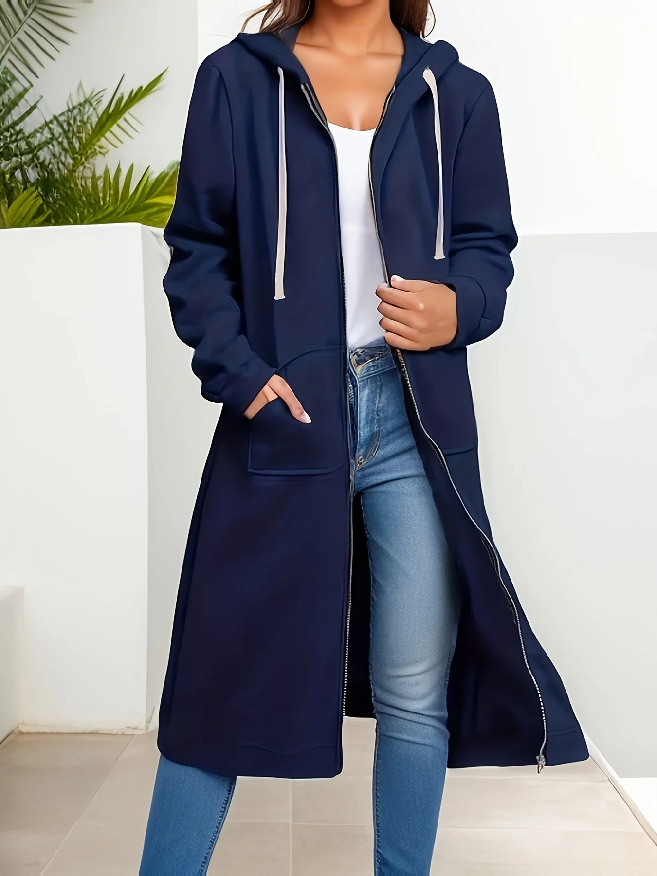 Casaco feminino plus size primavera e outono de comprimento médio com capuz outono e inverno