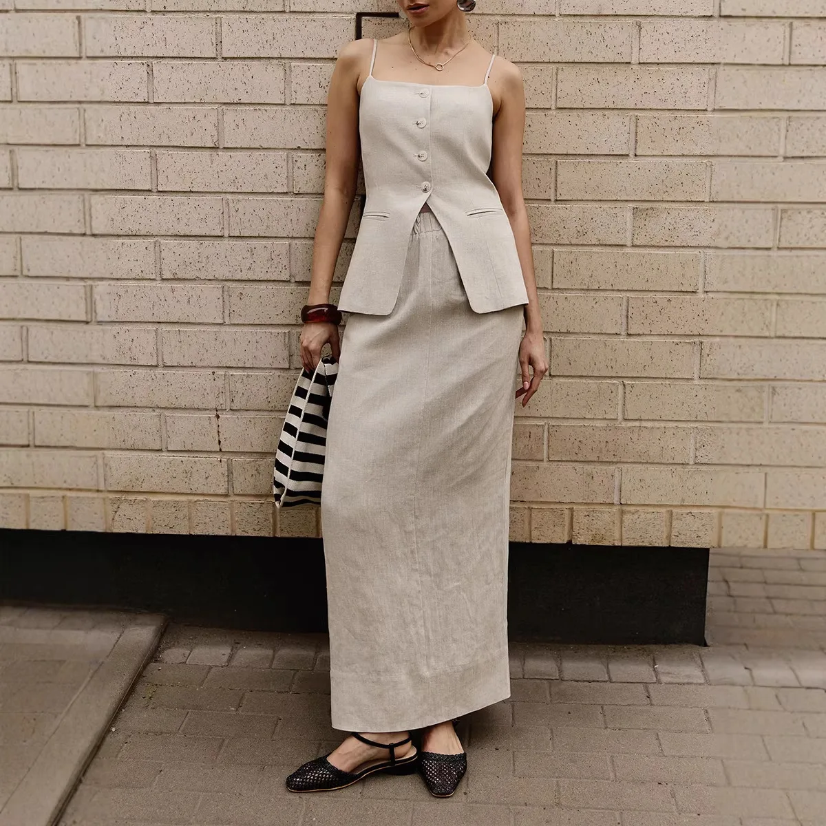 2026 Summer New Style Button Camisole Vest Back Slit Skirt Two Piece Set Women Apricot Color Temperament Suit