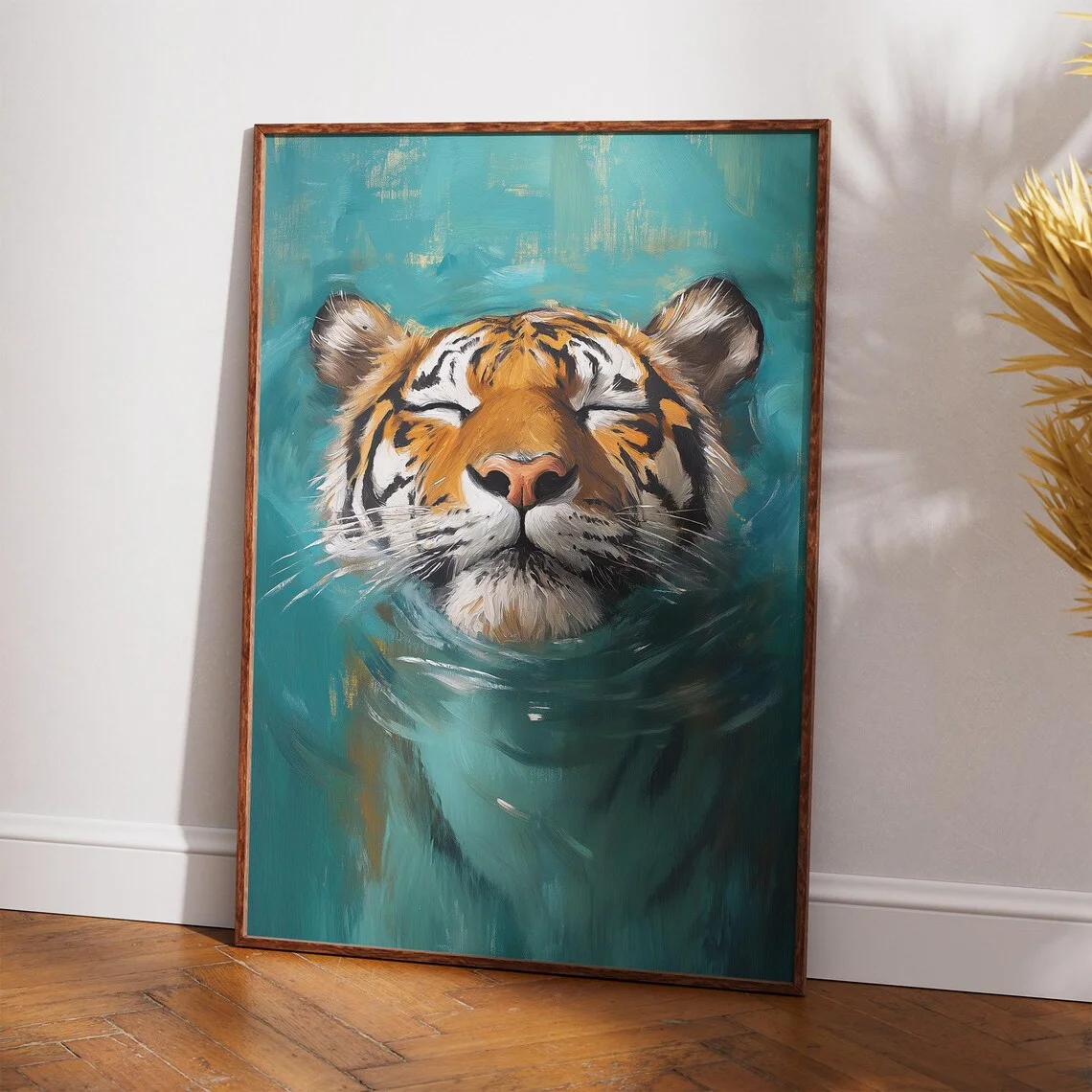 Impression murale de tigre – Téléchargement numérique Peinture de la faune – Affiche de tigre majestueux dans l'eau – Art animal pour la décoration bohème jungle