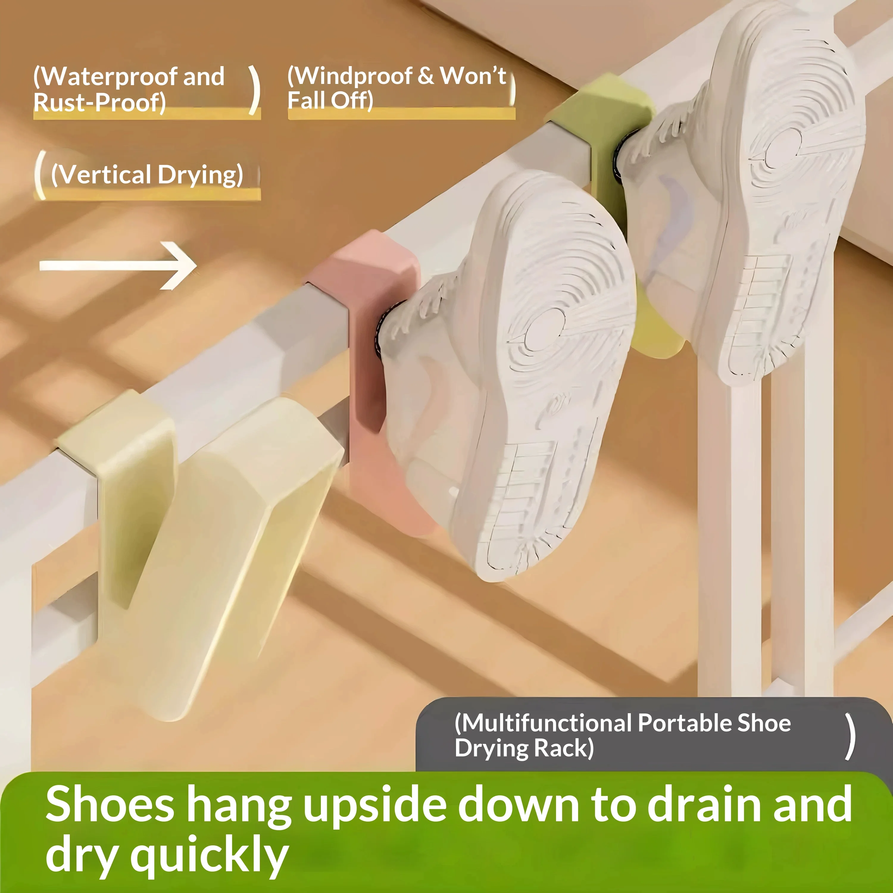 Clip On Shoe Drying Rack Balcony Railing Shoe Hanger Portable Slipper Holder Drain Shoe Organizer For Outdoor Indoor