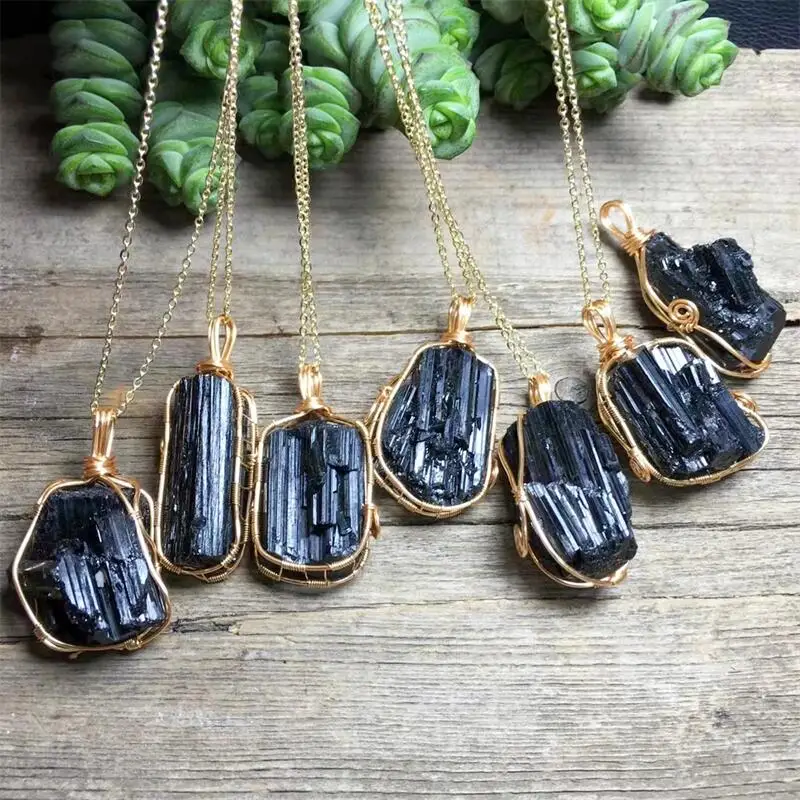 

Natural Black Tourmaline Copper Wire Pendant Crystal Carving Polishing Mature Charm Jewelry Birthday Present 1PCS