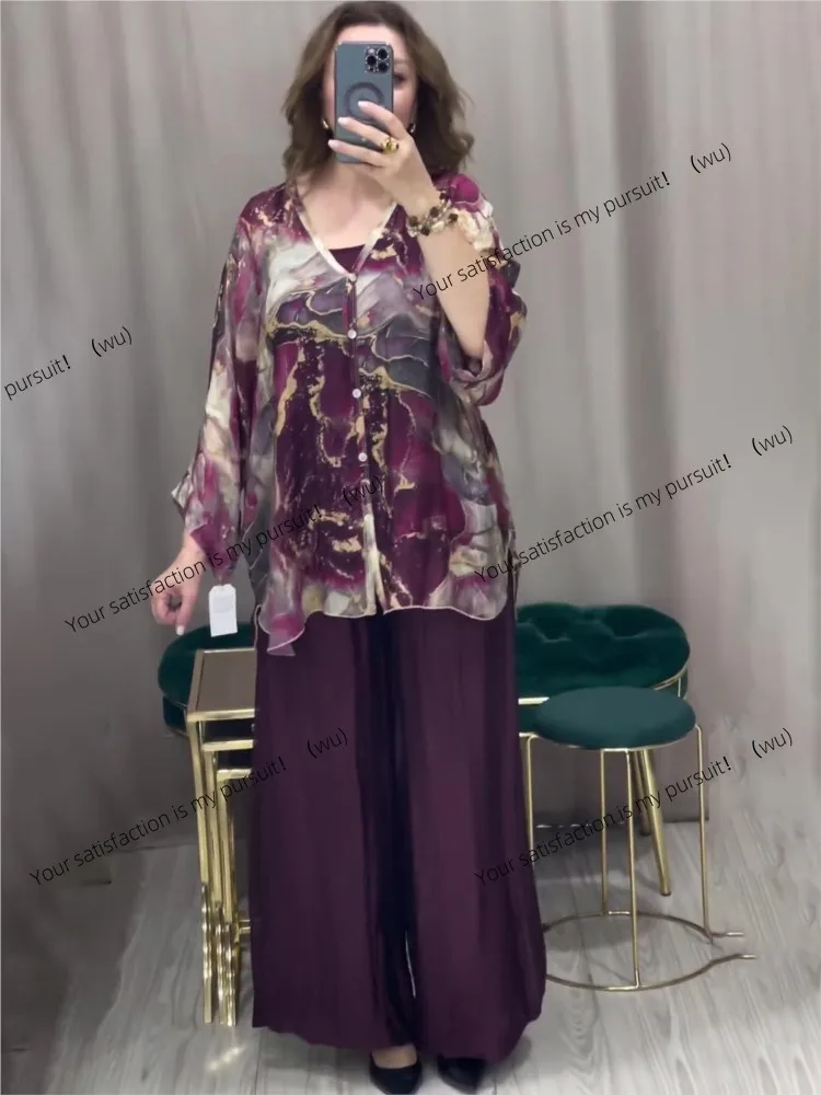 

ZOCI-Spring and Summer Vintage Fashion Printed Two-piece Set, Women's V-Neck Long Sleeve Shirt, Wide Leg Pants