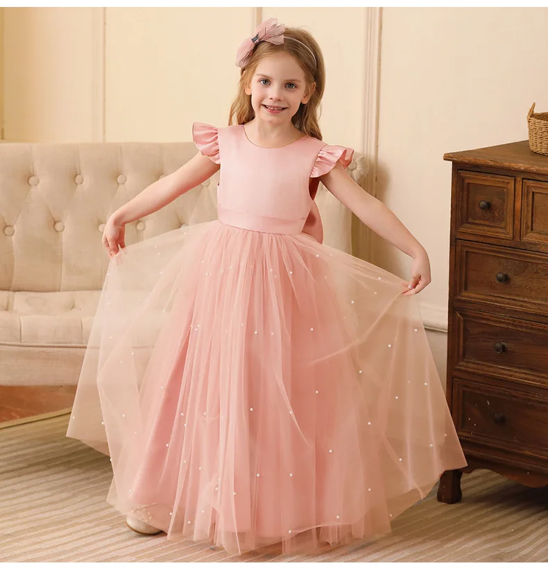 

4-12-year-old middle-aged children girl with long skirt and flower bridesmaid wedding dress elegant girl piano performance costu