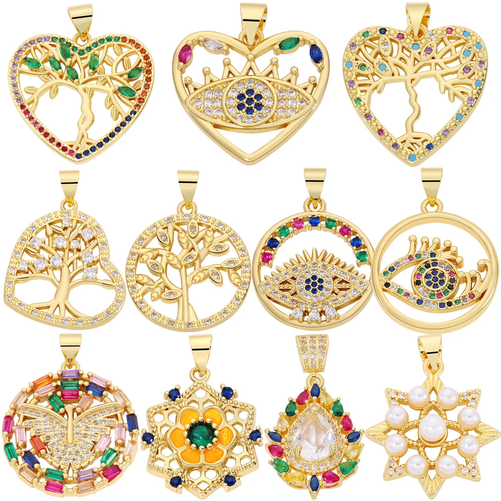 Juya 1 2PCS/Lot DIY Accessories Handmade 18K Gold Plated Love Heart Butterfly  Star Tree Of Life Greek Evil Eye Charms Supplies