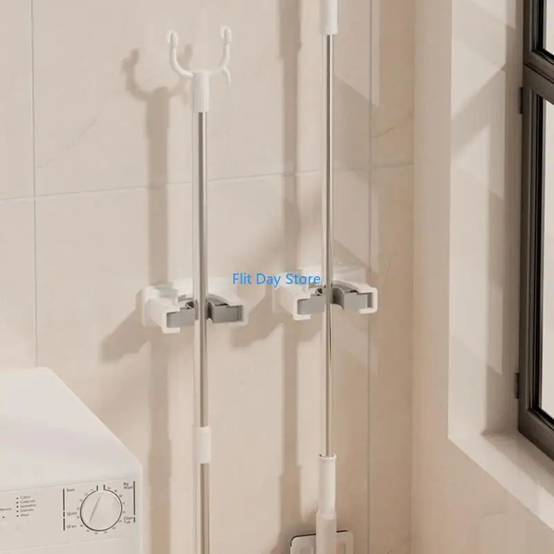 F92C 2pcs Self-Adhesive Mop Holder Wall Mounted Mop Brooms Organizers Cleaning Tool Holder for Laundry Room, Bathroom, Garage