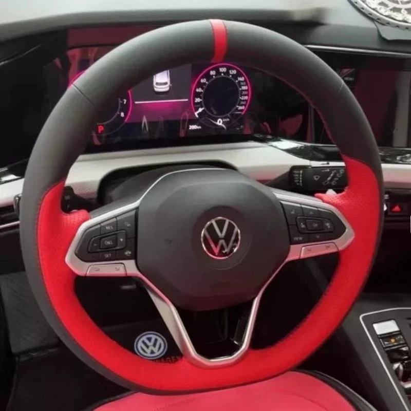For Volkswagen Sagitar 2021-2025 Golf 2020-2026 Tayron T-Cross Hand-stitched Genuine Leather Non-slip Car Steering Wheel Cover
