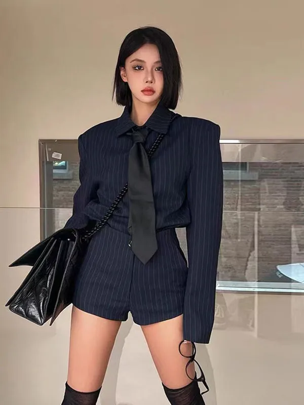 

American Style Retro Cool And Elegant Suit Jacket And Shorts Two-Piece Set for Women Spring Fashion Adult Short Pants Long Sl...