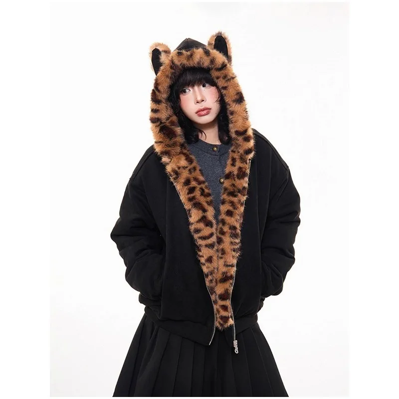 

Leopard Patchwork Hooded Jacket Women Winter Korean Chic Kawaii Ear Decoration Warm Coats Y2K Streetwear Loose Zipper Outerwear