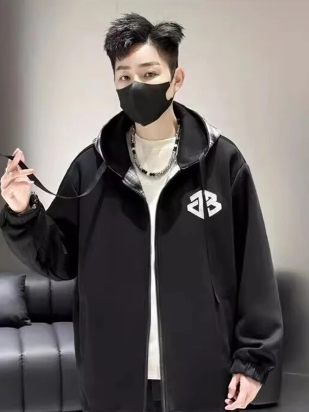 

Extra Large Men's Double-Sided Woolen Plaid Hooded Jaet Faionable Loose Fit Autumn Winter High-End Casual Sle Zipper Cl...