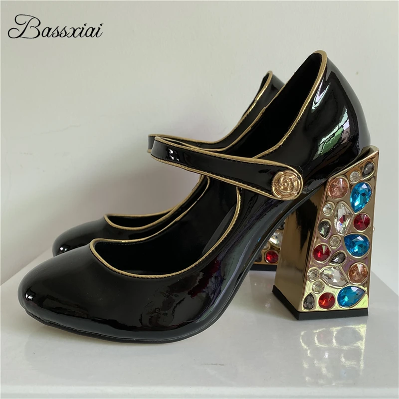 Colorful Diamond Square High Heel Women Pumps Luxury Patent Leather Round Toe Buckle Belt Dress Shoes For Girls