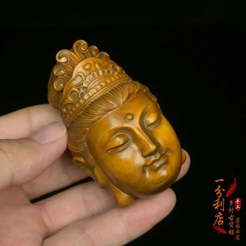 Hand Carved Wood Guanyin bodhisattva head Statue Figurine Desktop Ornaments Home Decoration