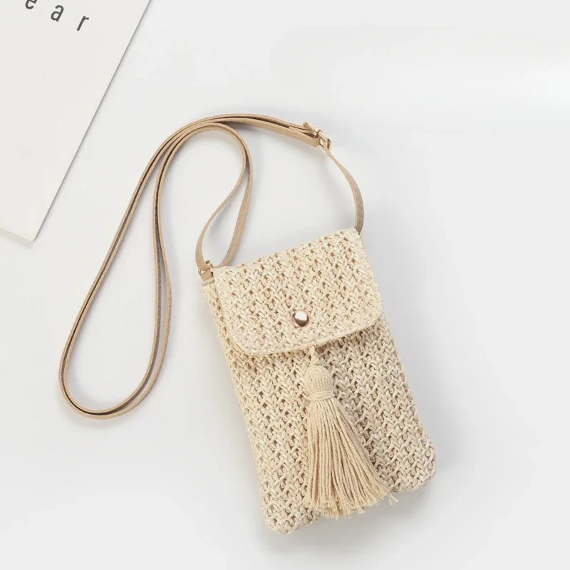 Women Straw Beach Bag Holiday Mobile Phone Shouder Bag Summer Tassel Mini Crossbody Bag for Lady Gril Travel Bohemian Style