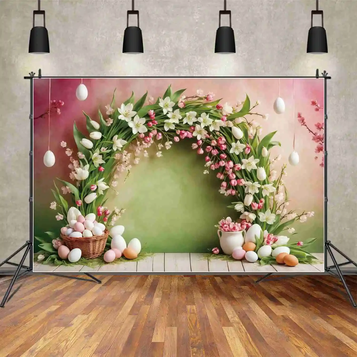 

MOON.QG Arch Wall Easter Photography Backgrounds Children Tulips Tassel Eggs Party Photo Backdrops Custom Gradient Studio Banner