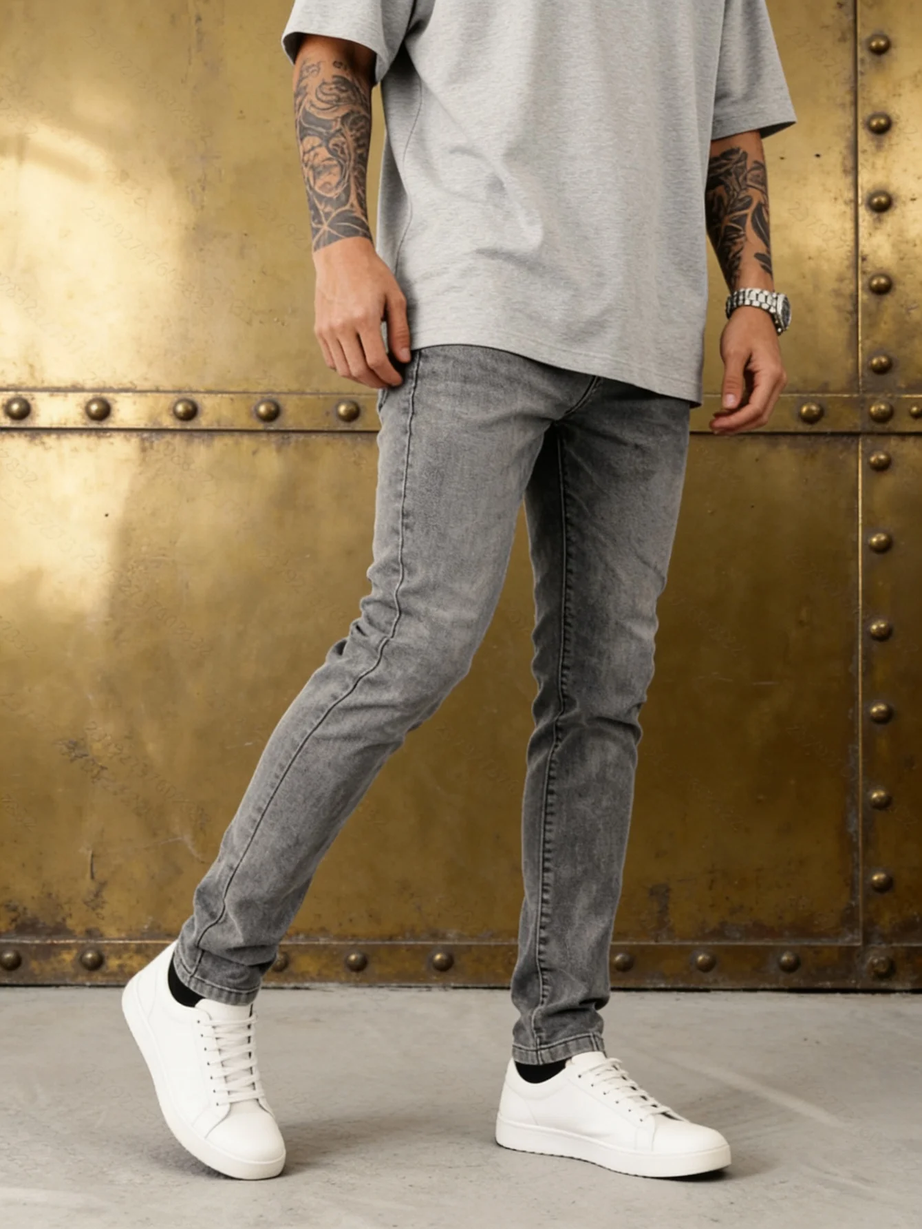 Slim Tight Gray Denim Jeans For Man Drip Y2k Original Unisex Pants No accessories or belts included