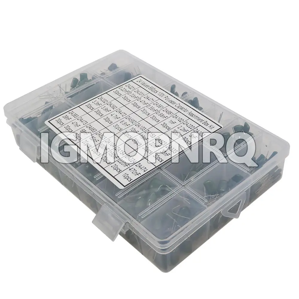 660PCS/lot 24Value Capacitor Kit 100V 2A221J To 2A474J Polyester Film Capacitor Assorted Kit 0.47nF 0.68nF 1nF 2.2nF Capacitors