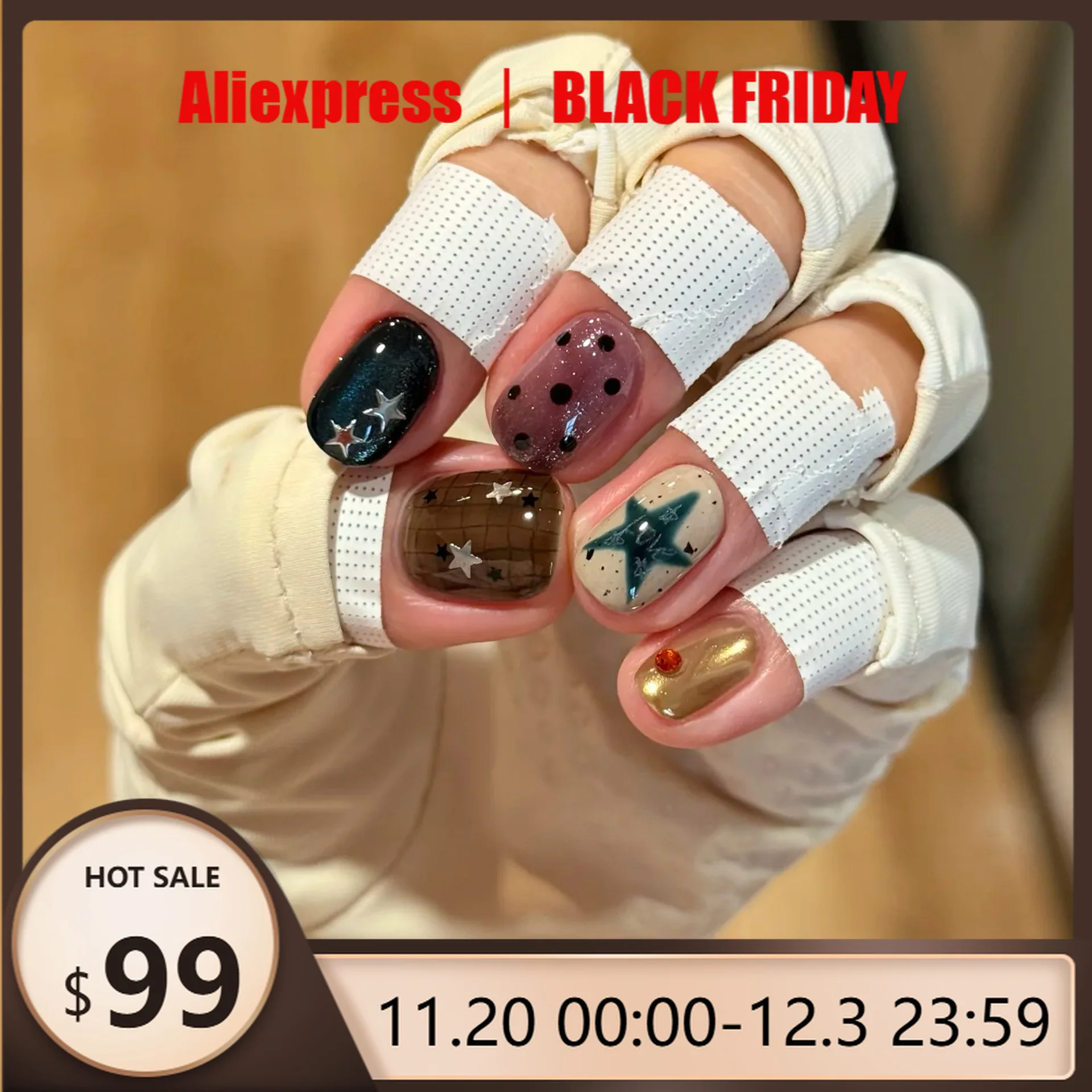 

10 шт., ногти ручной работы, ретро-стиль, контрастные цвета, звезды, горошки, клетчатый узор, накладные ногти, многоразовые клейкие накладные ногти