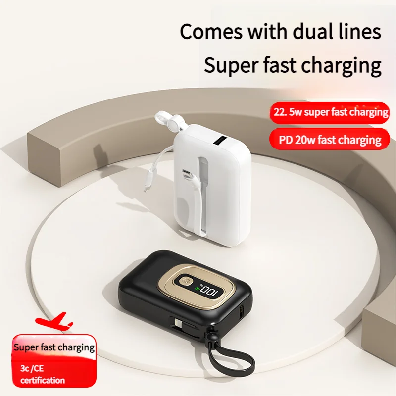 

Mini 10000mah 22.5W Power Bank Fast Charging Portable Externe Batterie with Built-in 2 Cable Powerbank For iPhone Samsung