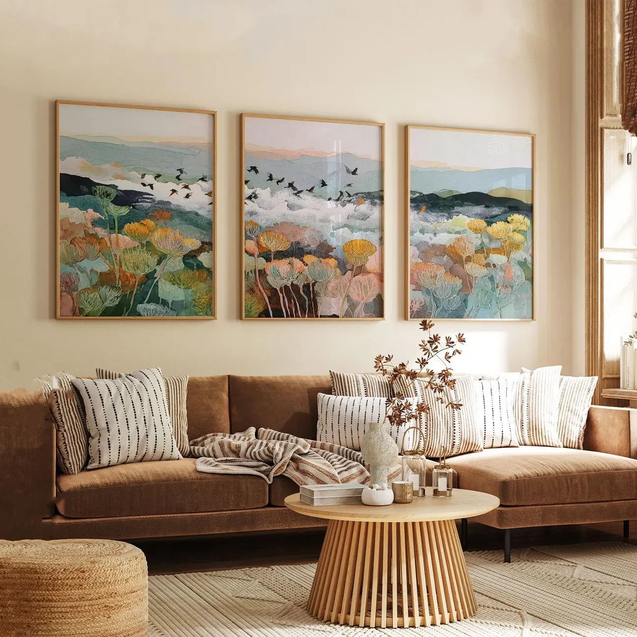 3PCS  Botanical Landscape Wall Art  Japanese Poster  Birds in Flight Nature Triptych  Canvas Painting for Room Decor Home Decor