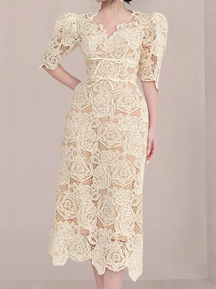 

ZAWFL Summer Woman Chic Temperament Lace Robe Femme V-Neck Puff Sleeve Sweet Dresses 2023 Vestidos Mujer