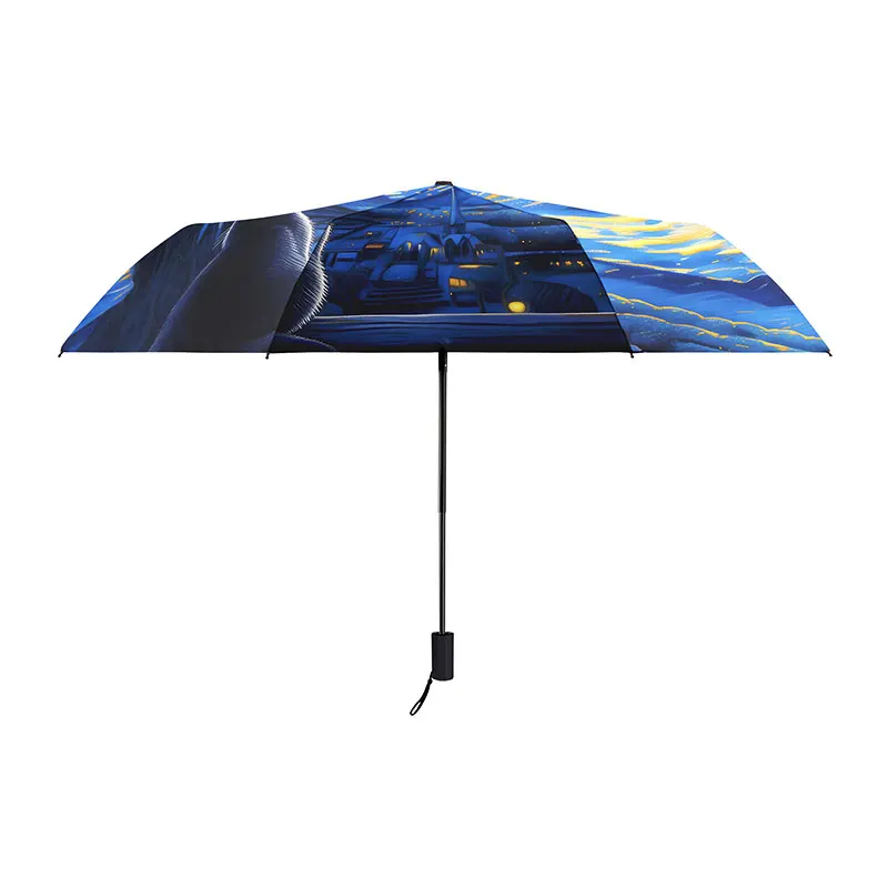 Night cat Folding umbrella Creative oil painting travel compact portable uv protection rainy strong windproof for women and men