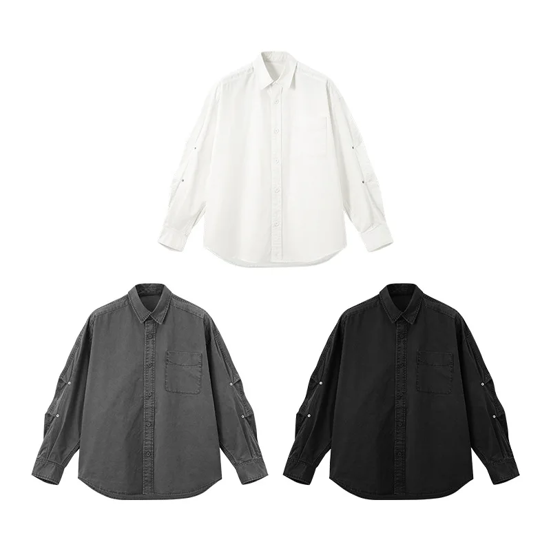 High Street Workwear Washed Shirt Tops Men's Autumn New Product Retro Collar Pocket Cardigan Long Sleeved Streetwear Shirt