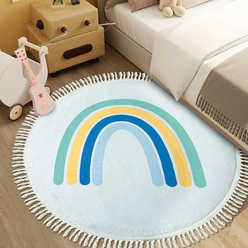 Carpet for Living Room Modern Minimalist Rainbow Soft Coffee Table Tassel Rug Round Art Fluffy Bedroom Bedside Mat Alfombra 양탄자