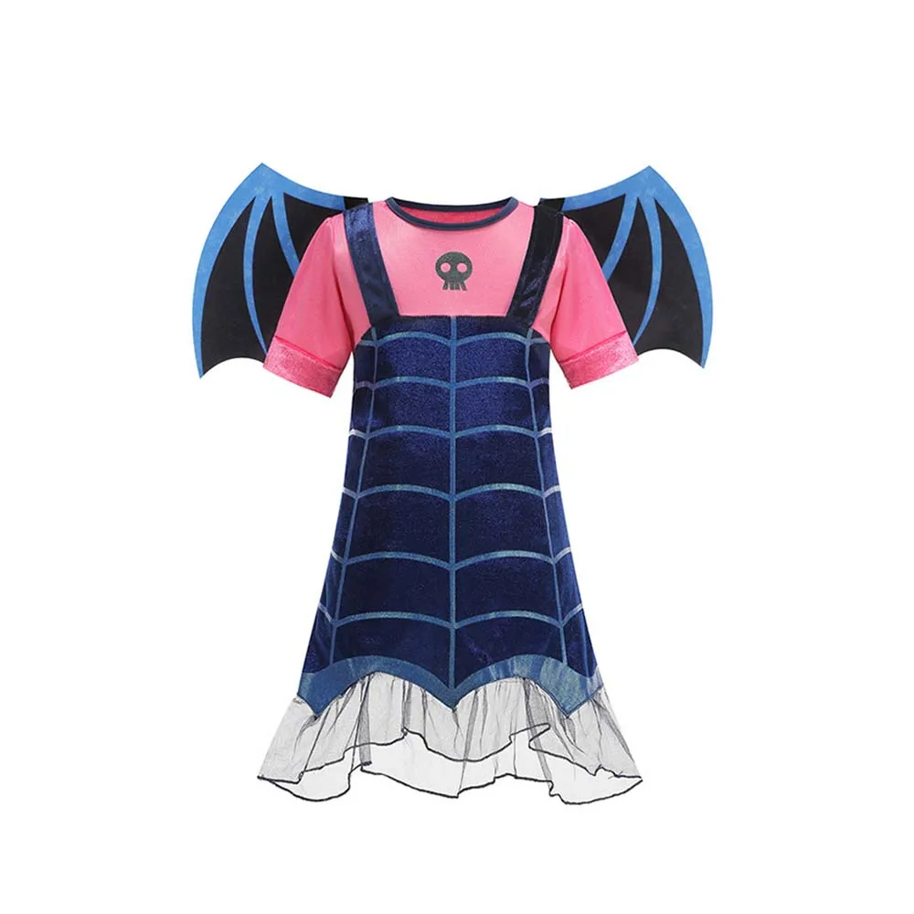 Girls Bat Vampire Cosplay Costume Set Spider Web Print Dress With Wings Headband Choker Earrings For Halloween Carnival