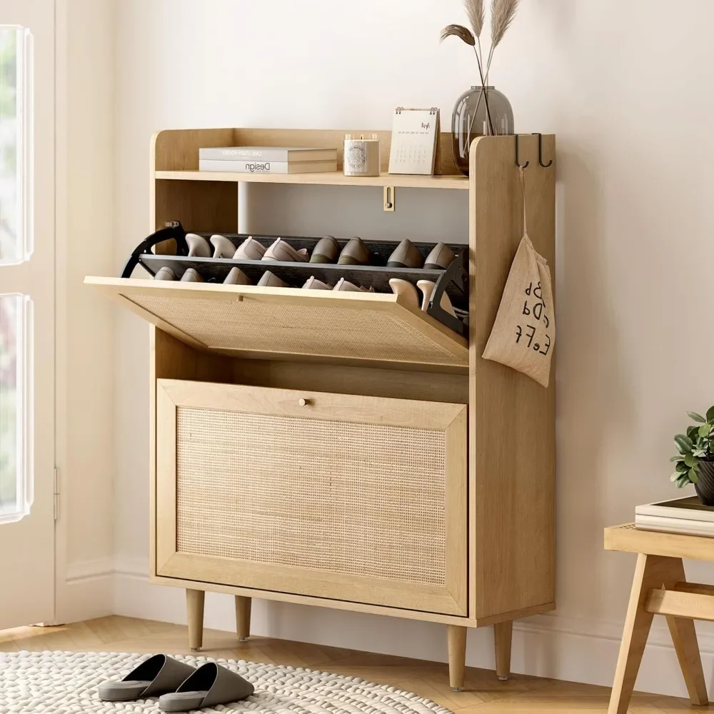 

Rattan Storage Shoe Cabinet with 2 Flip Drawers, Farmhouse Freestanding Organizer with Wooden Legs Boho Hidden Narrow Shoe